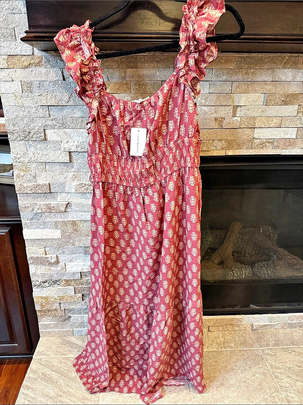 Lucky Brand Printed Ruffle Sleeve Midi Dress Floral Maxi Dress Red & Pink Size